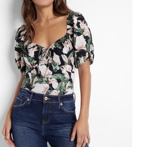 Express Tops - Express Bodysuit Floral Eyelet Puff Sleeve Woman’s XS Cottagecore Romance Thong